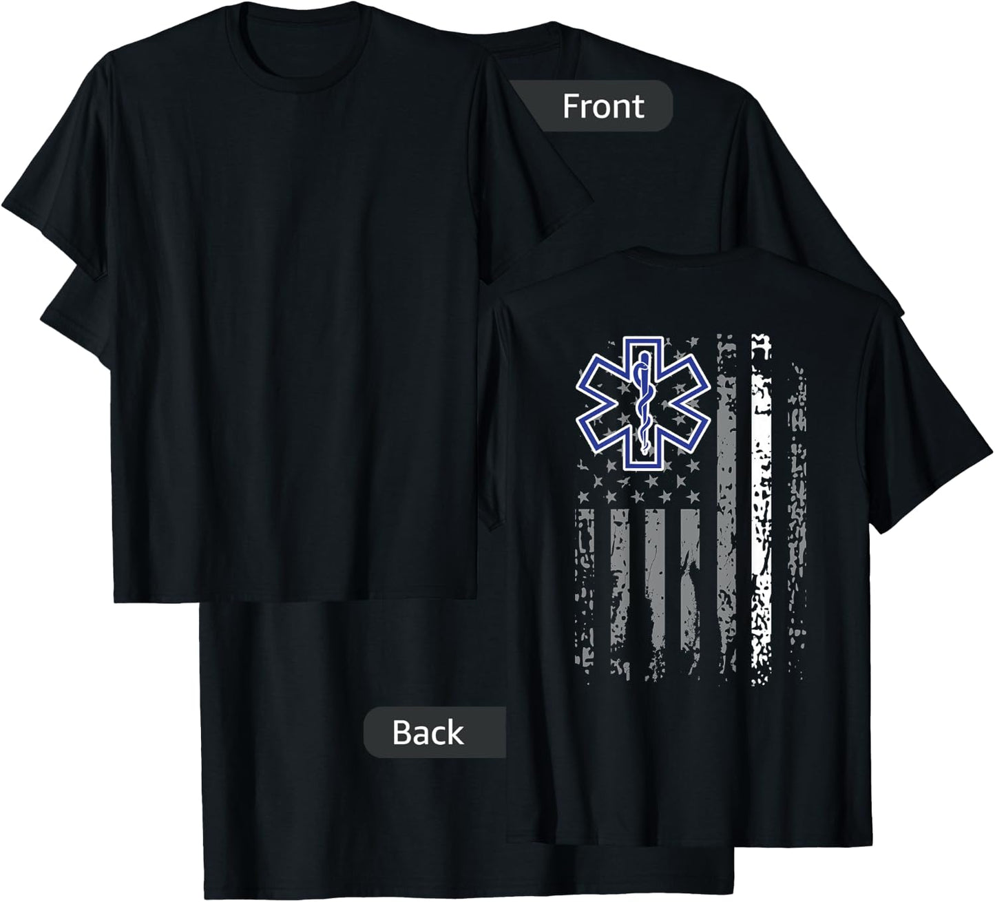 Thin White Line EMS EMT Paramedic American Flag Back Print T-Shirt - T-Shirt | Black
