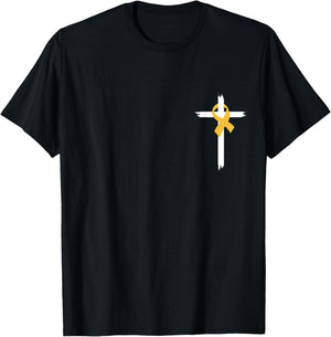 Christian Cross Jesus Gold Ribbon Childhood Cancer Awareness T-Shirt - T-Shirt | Black