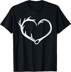 Hunting Heart Deer Antlers Fishing Hook Deer Turkey Hunter T-Shirt - T-Shirt | Black