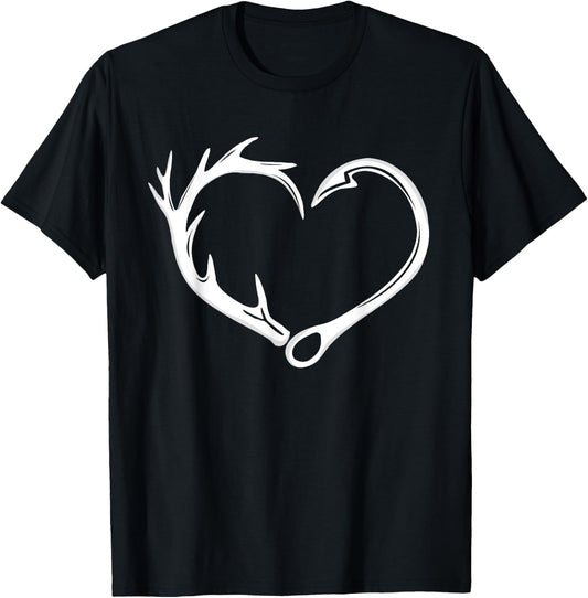 Hunting Heart Deer Antlers Fishing Hook Deer Turkey Hunter T-Shirt - T-Shirt | Black