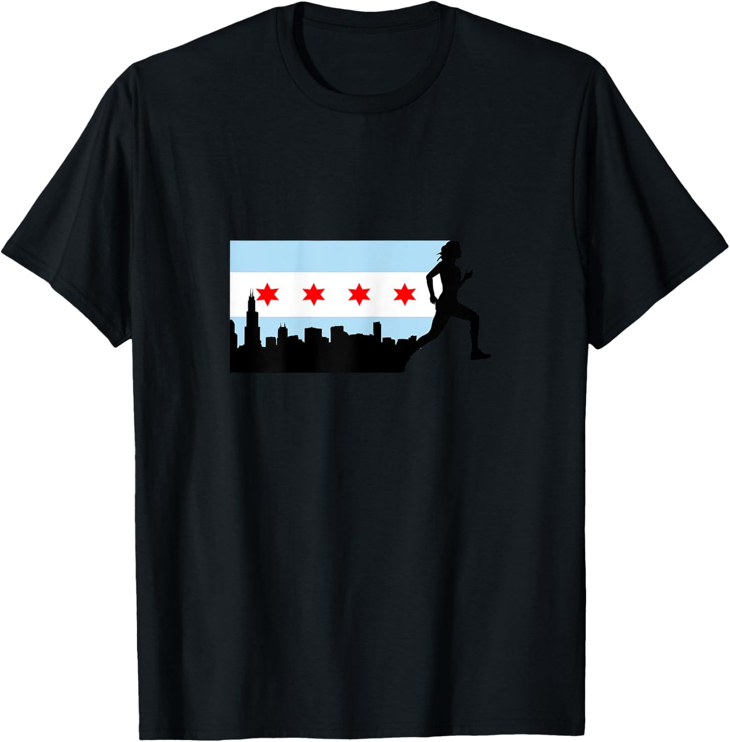 Chicago Flag Silhouette Marathon Runner Running 26.2 T-Shirt - T-Shirt | Black