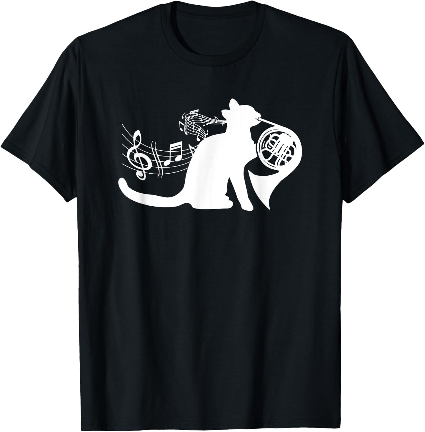 Cool Cat Playing French Horn Musician Orchestra Music T-Shirt - T-Shirt | Black