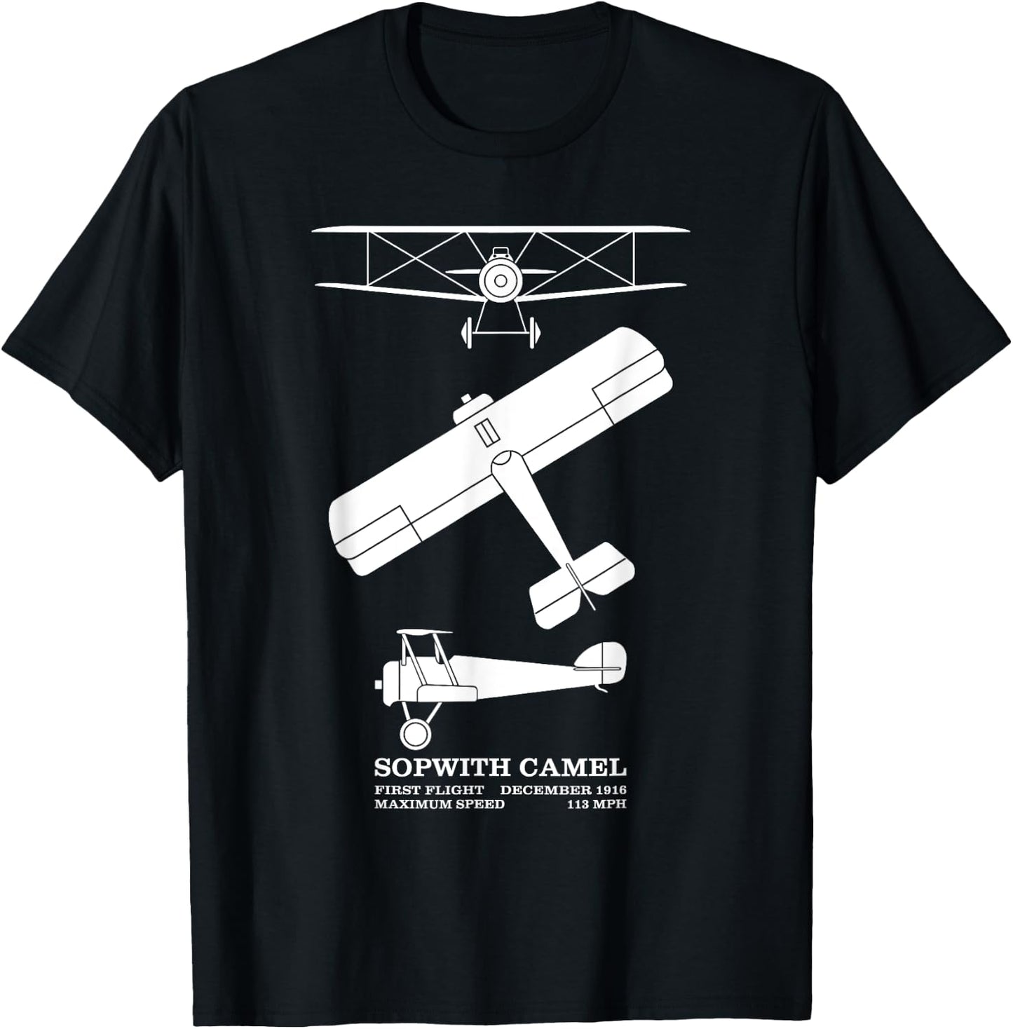 Sopwith Camel British WW1 Biplane Silhouette Diagrams T-Shirt - T-Shirt | Black