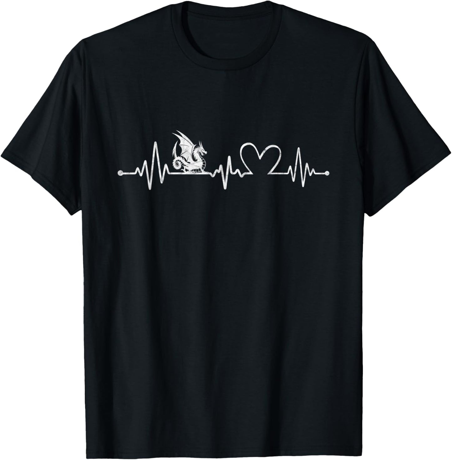 Distressed Dragon With Heartbeat Graphic Dragon Lover T-Shirt - T-Shirt | Black