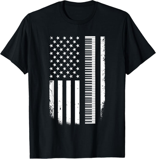 Keyboard Piano American Flag Patriotic Pianist Musician Kids Men T-Shirt - T-Shirt | Black
