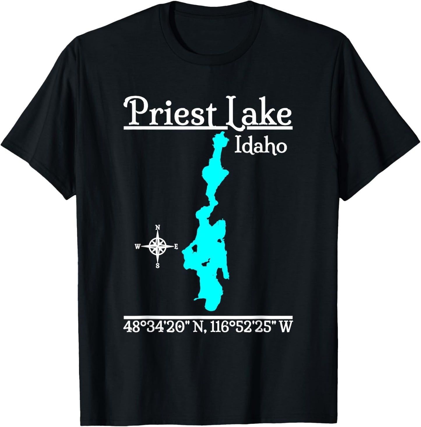 Designed by GeoGearCo - Men's -Adults, -Kids Black Classic Fit Cotton, Cotton Blend Short Sleeve - Priest Lake - Idaho T-Shirt - T-Shirt | Black