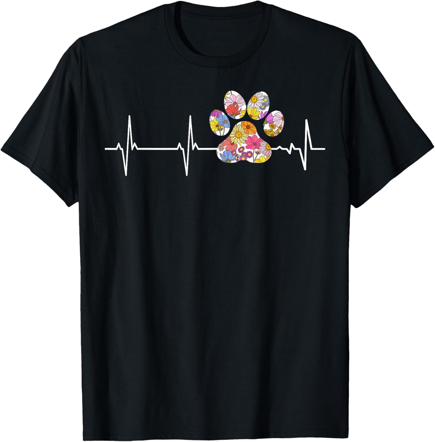Cute vet flower paw print heartbeat ECG Vet Tech T-Shirt - T-Shirt | Black