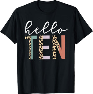Hello Ten 10-Year-Old 10th Birthday Girl Leopard Print T-Shirt - T-Shirt | Black