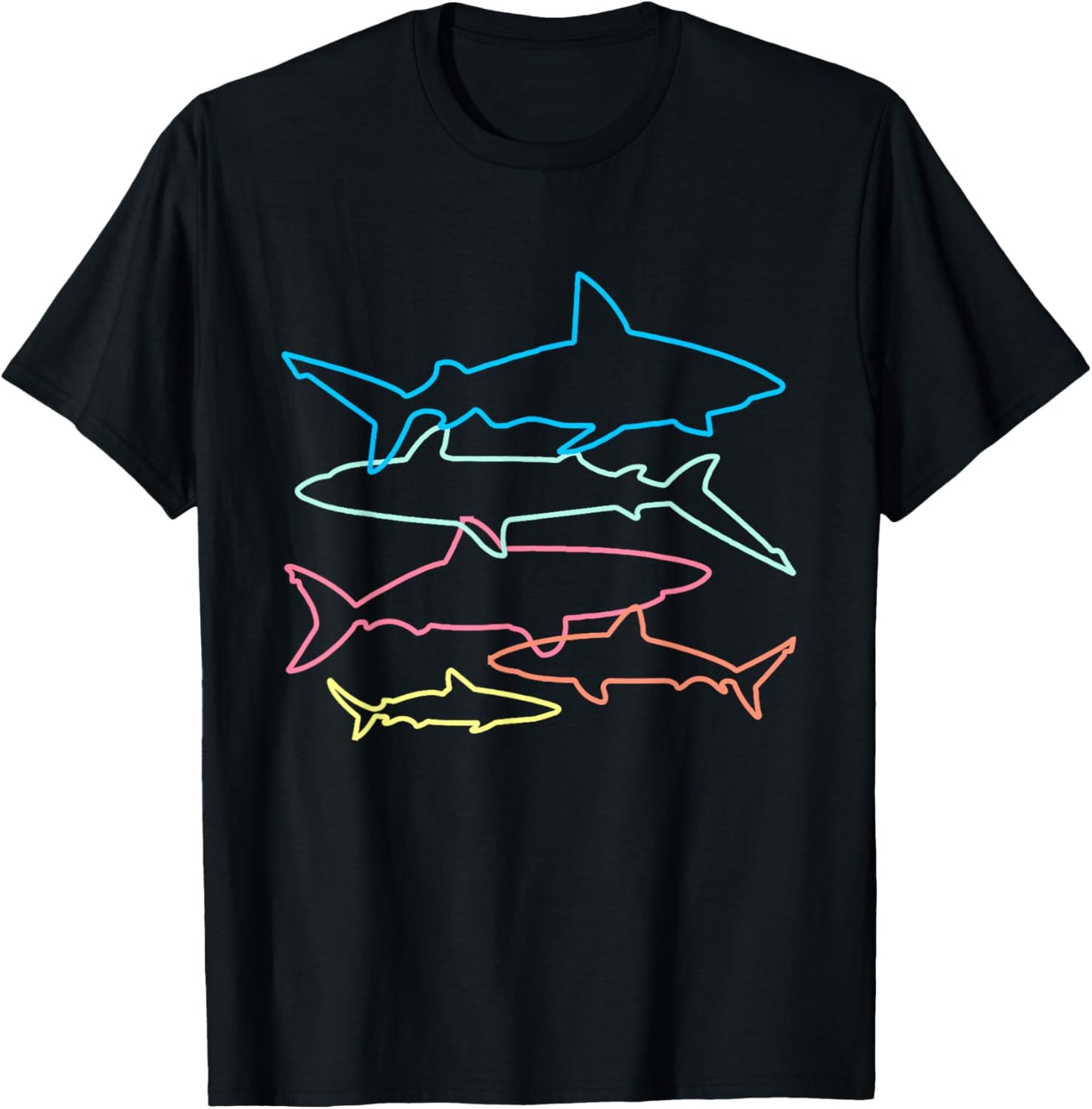 Retro Shark Colort Art Shark Party Kids Women Men Lovers T-Shirt - T-Shirt | Black