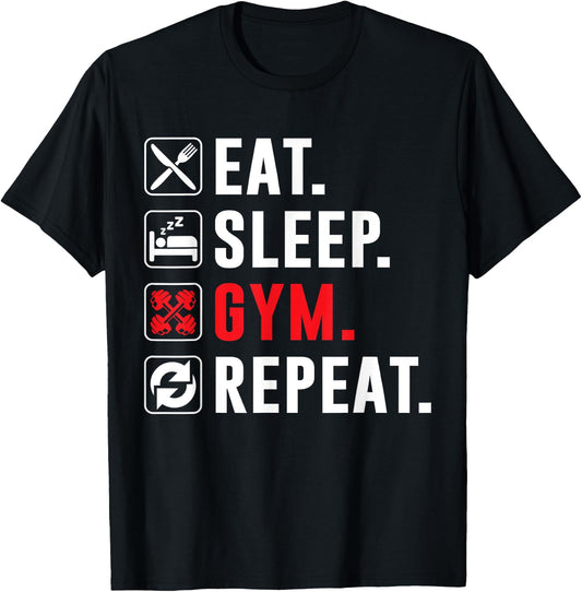 Fitness Bodybuilding Eat Sleep Gym Repeat Funny Workout Gym T-Shirt - T-Shirt | Black
