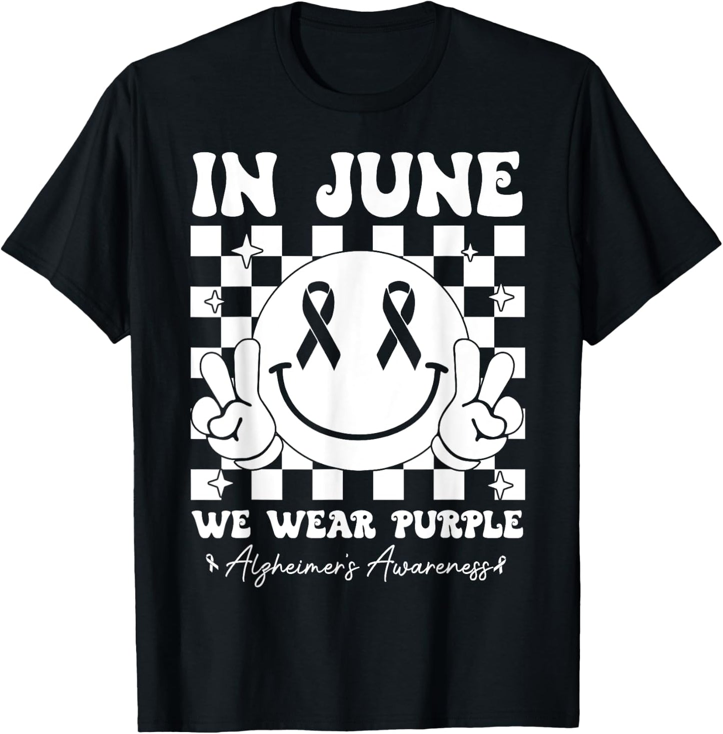In June We Wear Purple Alzheimer's Awareness Groovy Smile T-Shirt - T-Shirt | Black