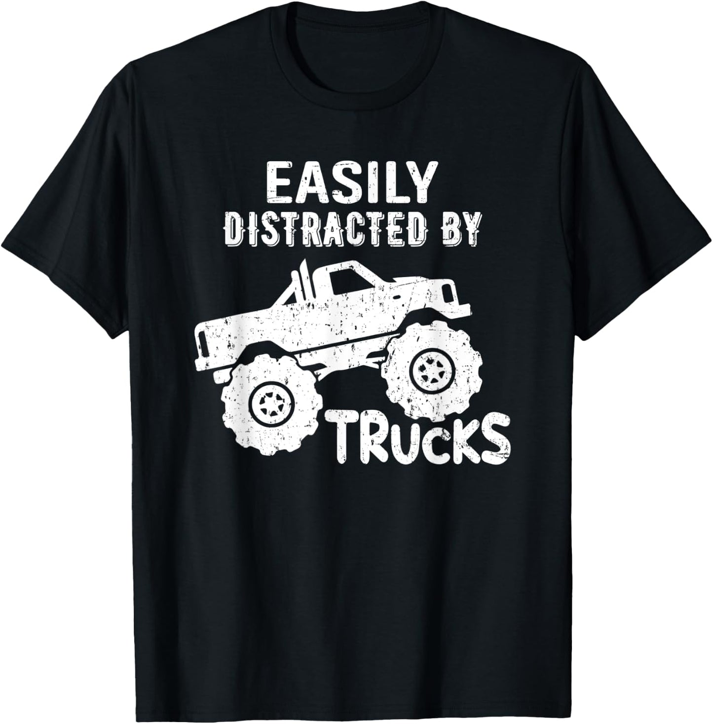 Easily Distracted By Trucks Truck Lover Vintage Distressd T-Shirt - T-Shirt | Black