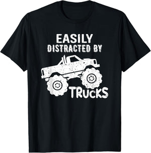Easily Distracted By Trucks Truck Lover Vintage Distressd T-Shirt - T-Shirt | Black