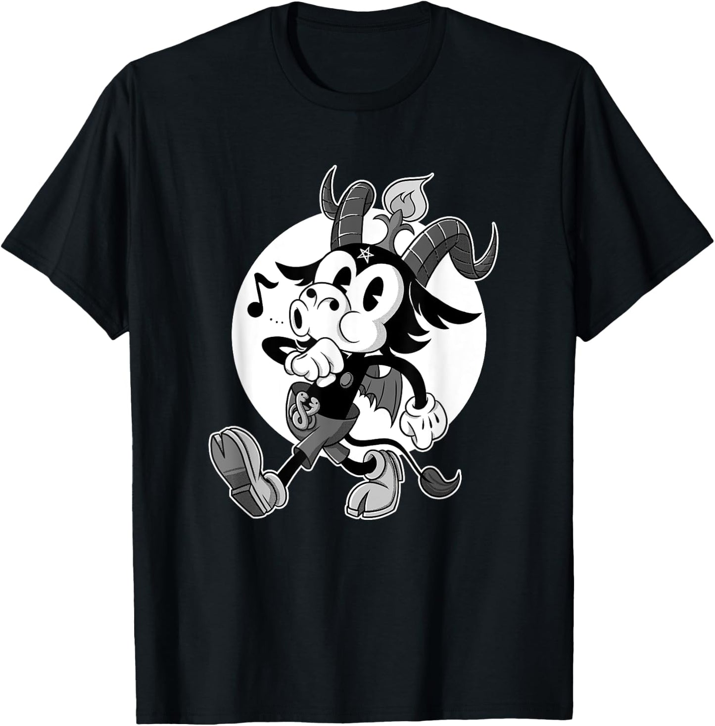 Atheist Satan Baphomet goat Retro Cartoon Black and White T-Shirt - T-Shirt | Black