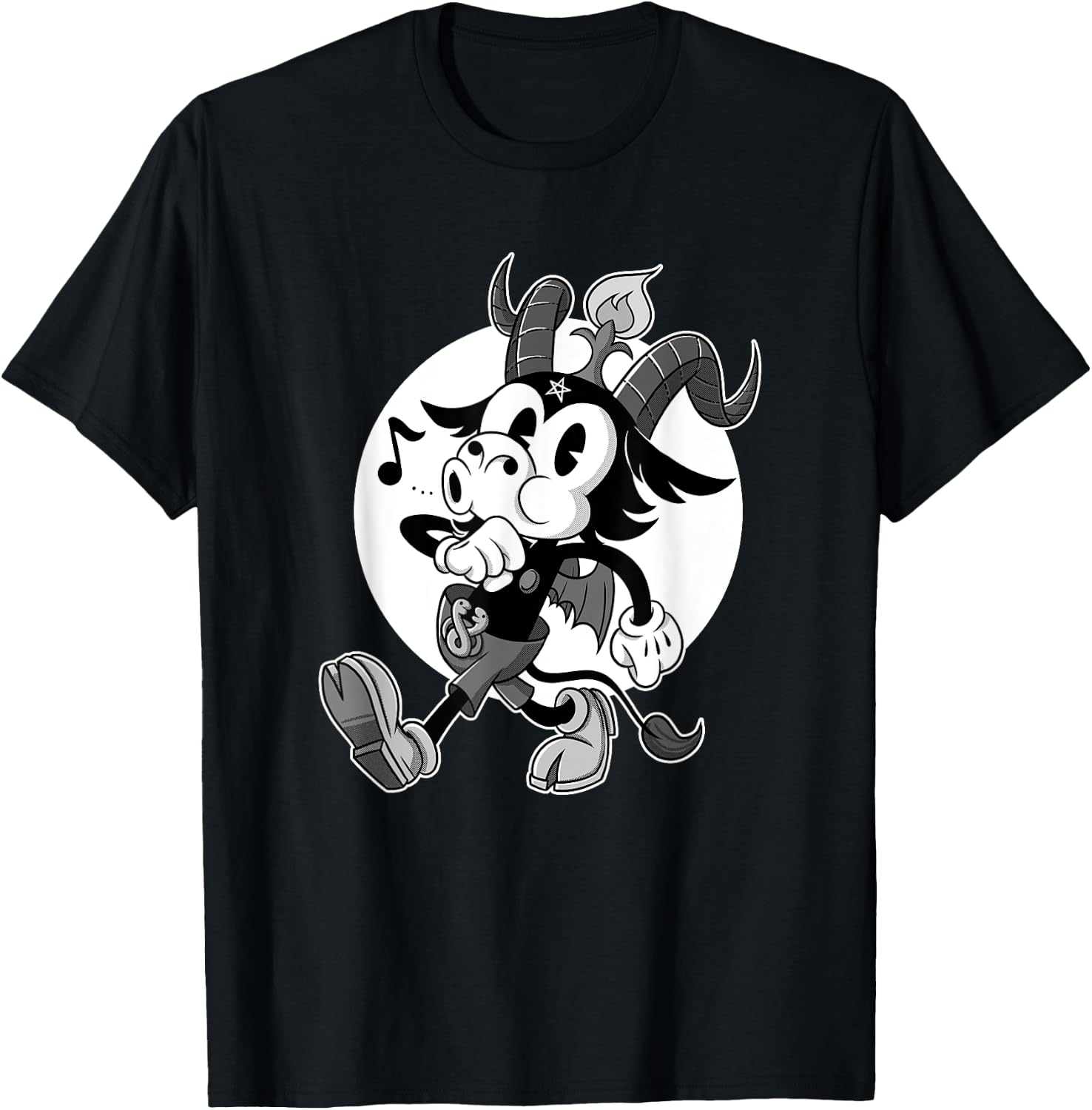 Atheist Satan Baphomet goat Retro Cartoon Black and White T-Shirt - T-Shirt | Black