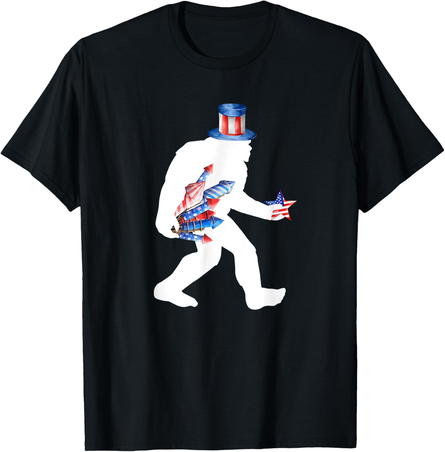 Bigfoot Fireworks 4th of July Sasquatch American Flag T-Shirt - T-Shirt | Black