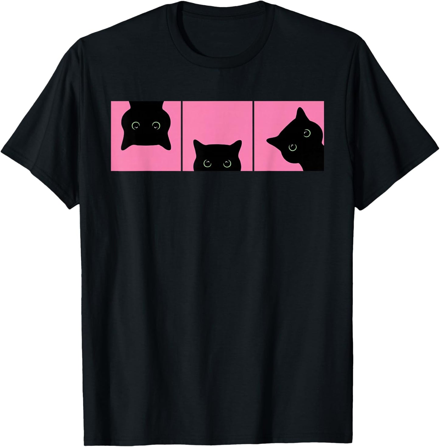 Pink Pop Art Black Cats Peeking Cute Funny Cat Lover T-Shirt - T-Shirt | Black