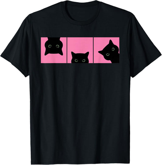 Pink Pop Art Black Cats Peeking Cute Funny Cat Lover T-Shirt - T-Shirt | Black
