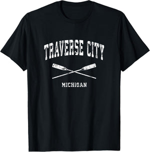 Traverse City Michigan Vintage Nautical Crossed Oars T-Shirt - T-Shirt | Black