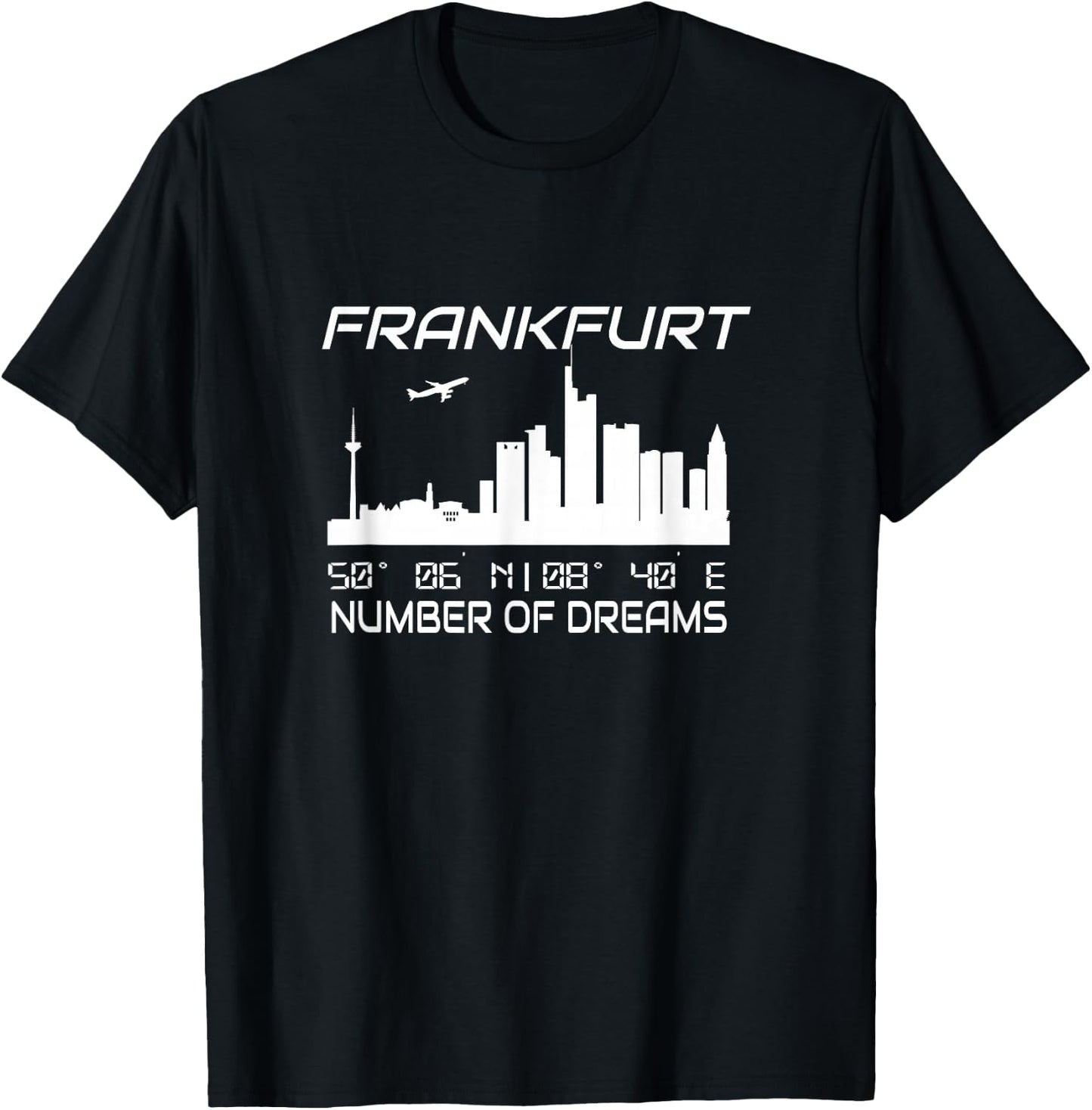 GPS Coodinates and Skyline of your City of Dreams Frankfurt Main Skyline GPS Koordinaten Banken Wolkenkratzer Schwarz S EU 41.5 Klein Regular Casual Graphic T-Shirt - T-Shirt | Black