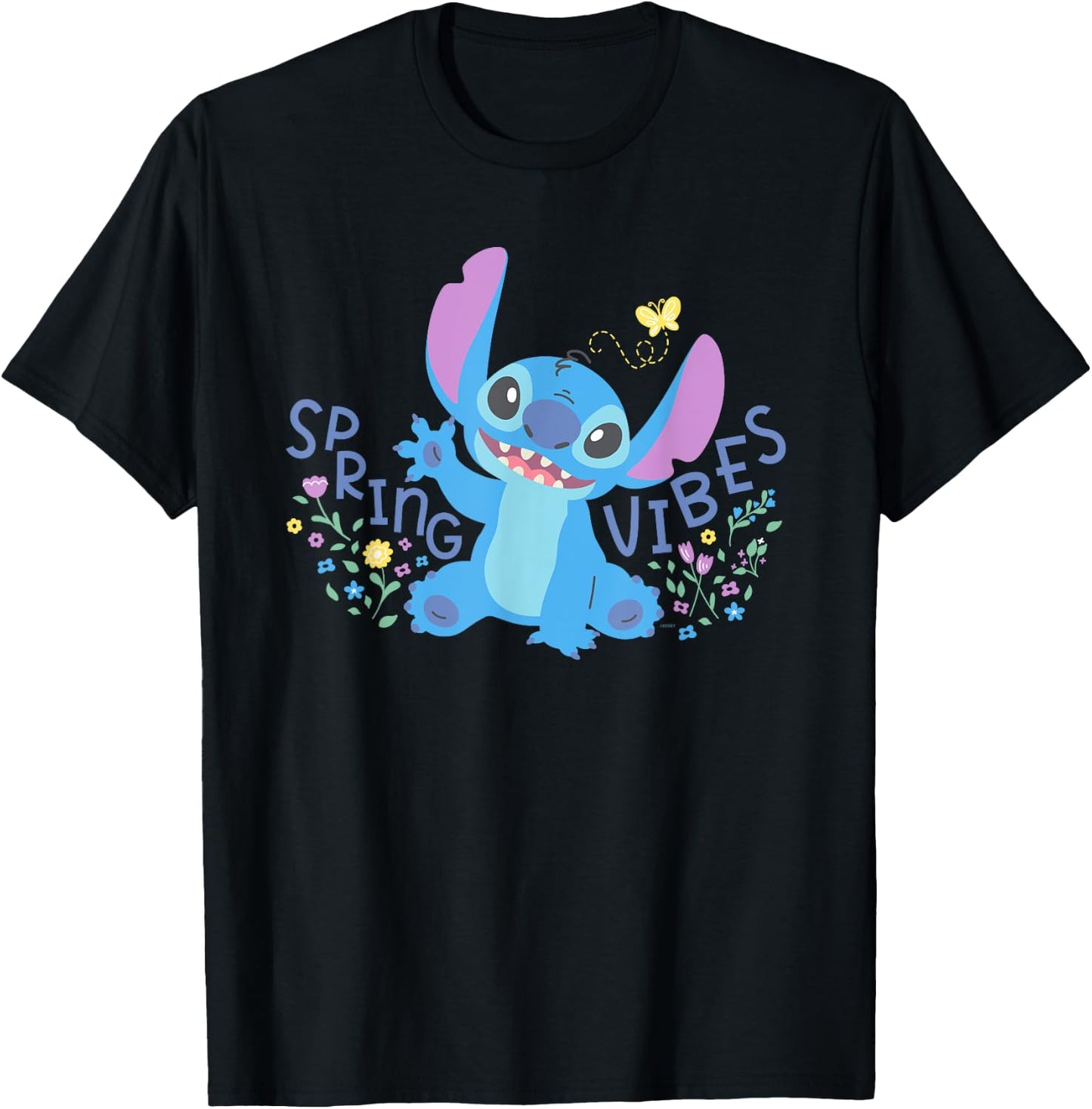 Disney Stitch with Flowers & Butterfly Easter Spring Vibes T-Shirt - T-Shirt | Black