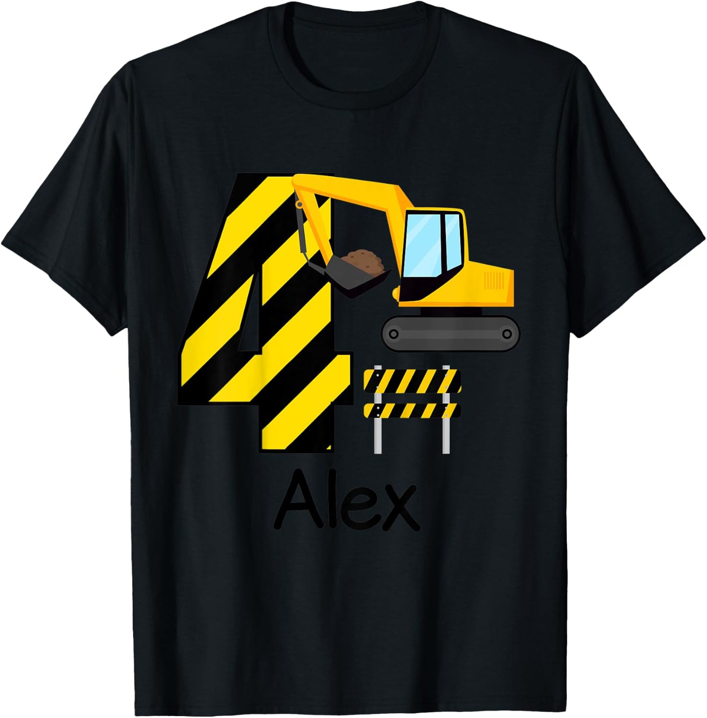 Kids Boys Construction 4th Birthday Alex 4 Years Old Party T-Shirt - T-Shirt | Black