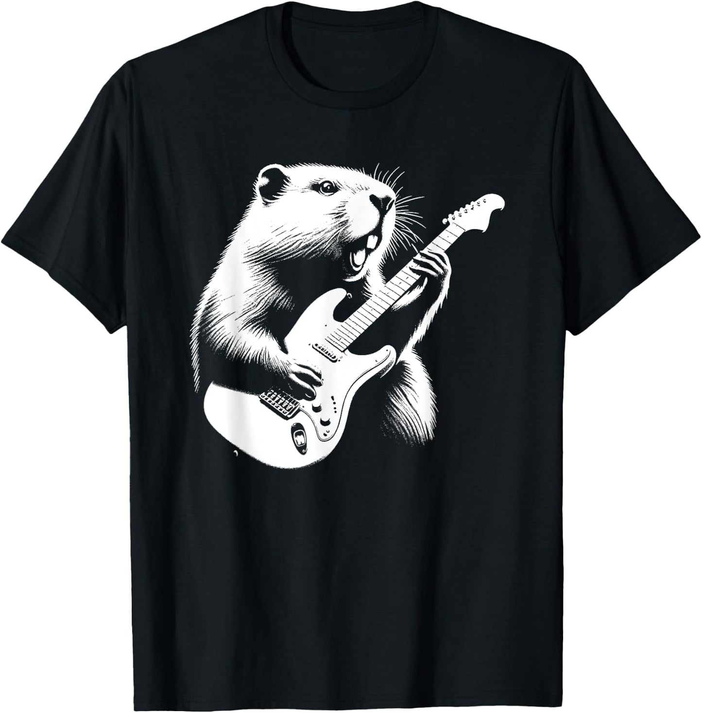 Beaver Playing Electric Guitar Rock Star Guitarist T-Shirt - T-Shirt | Black
