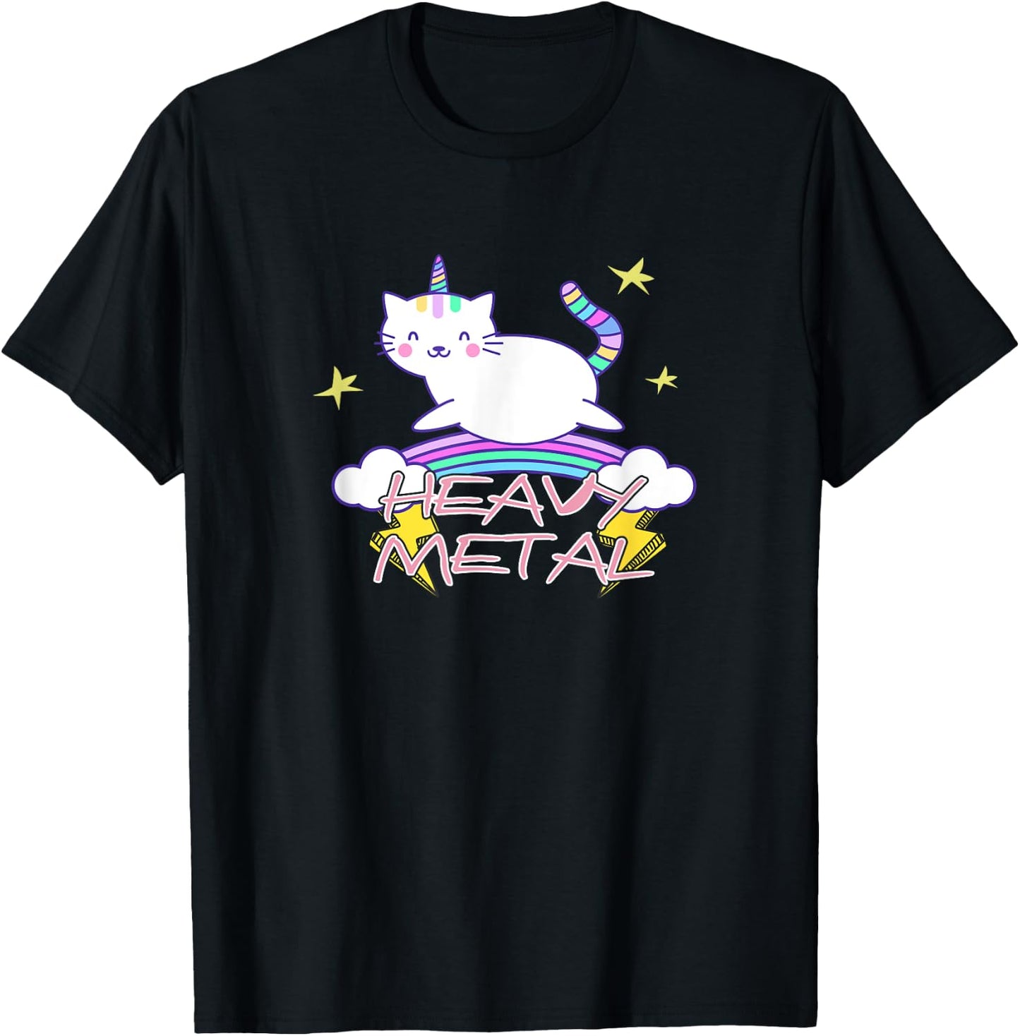 Heavy Metal Kawaii Unicorn Cat and Rainbow T-Shirt - T-Shirt | Black