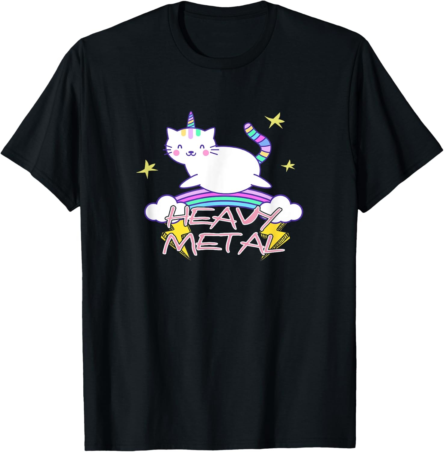 Heavy Metal Kawaii Unicorn Cat and Rainbow T-Shirt - T-Shirt | Black