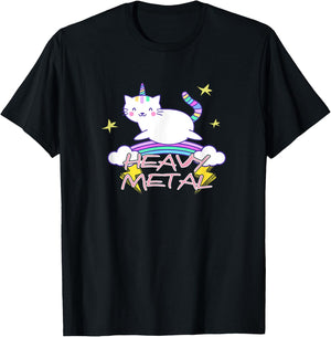 Heavy Metal Kawaii Unicorn Cat and Rainbow T-Shirt - T-Shirt | Black