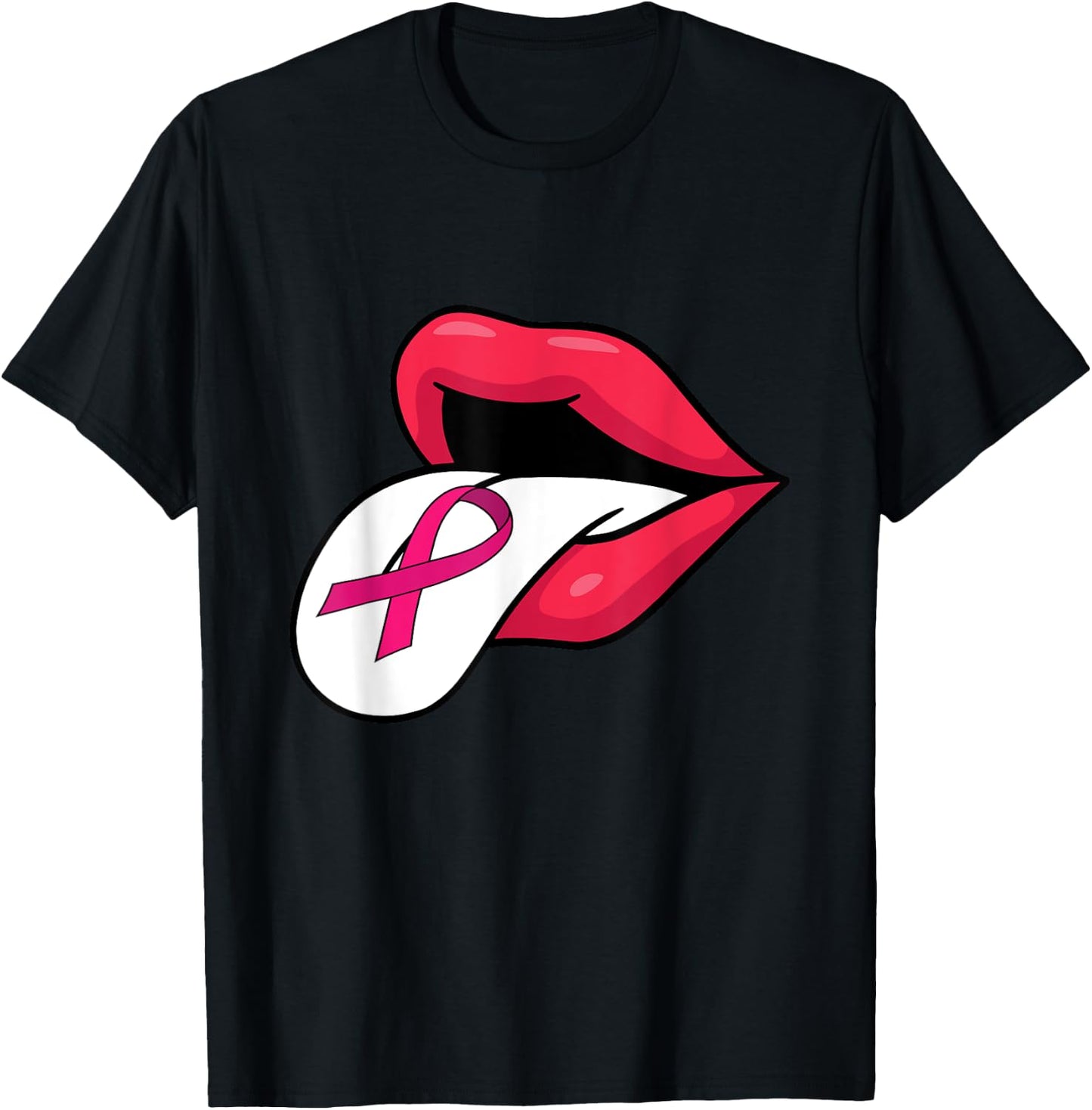 Pink Ribbon Tongue Out Breast Cancer Awareness Funny Lips T-Shirt - T-Shirt | Black
