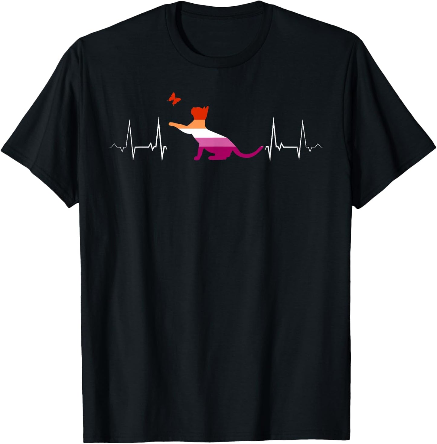 Lesbian Heartbeat Playful Cat Butterfly Pride T-Shirt - T-Shirt | Black
