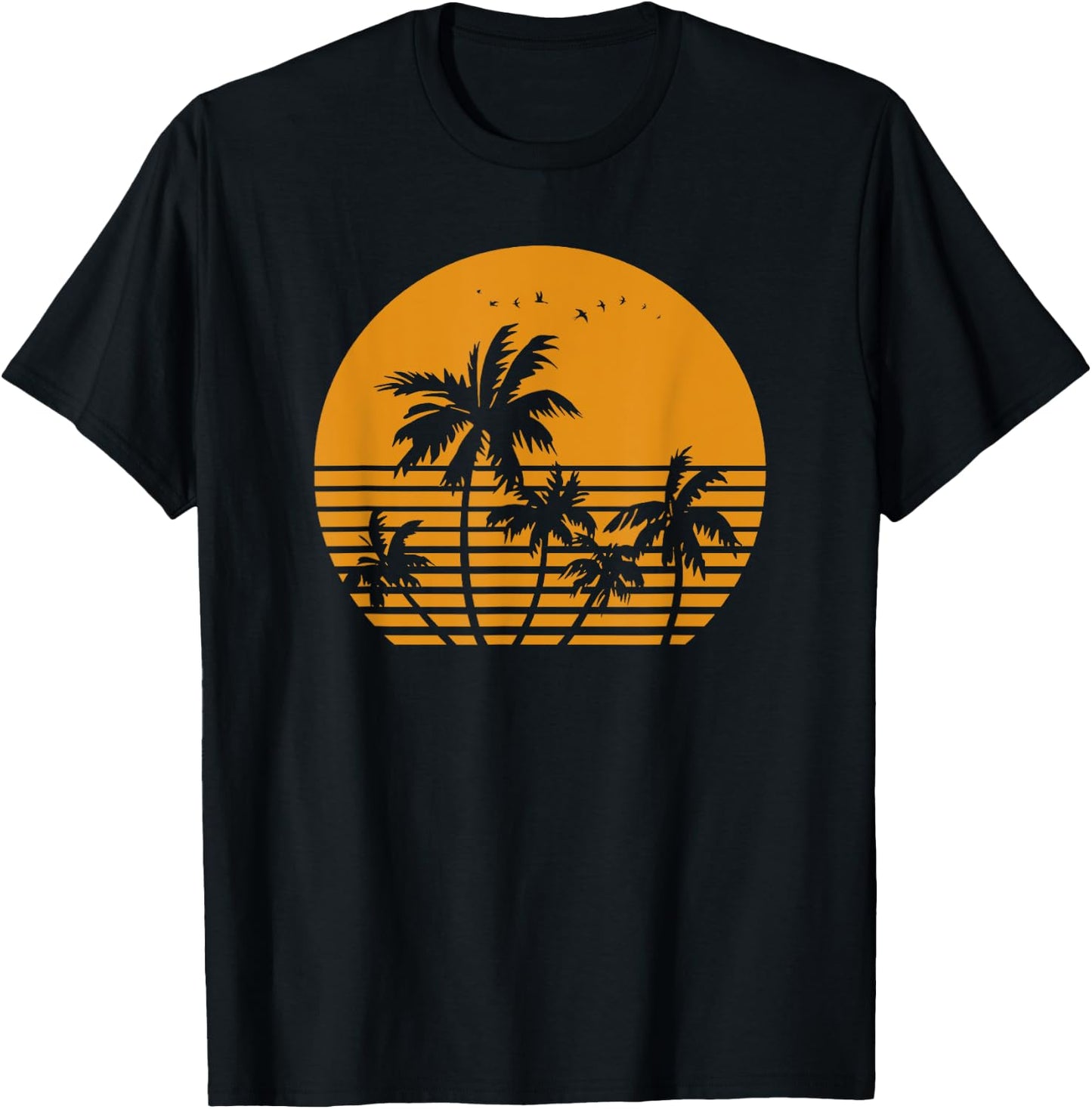 Vintage Birds Sunset Beach Palm trees T-Shirt - T-Shirt | Black