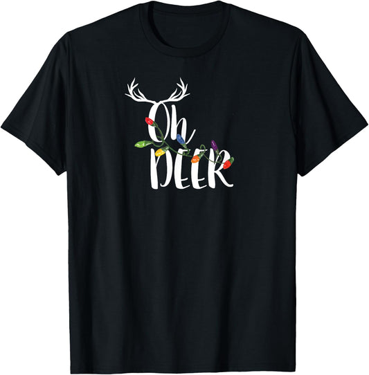 Oh Deer T Shirt Cute Christmas Lights Antlers Holiday T-Shirt - T-Shirt | Black