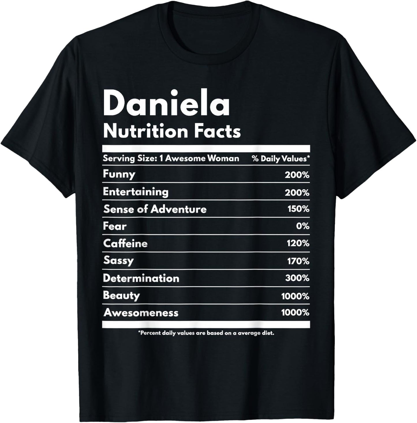 That's My Name Co. Daniela Daniela Nutrition Facts Funny Personalized Name Daniela Black Cotton Polyester Modern Letter Print Short Sleeve Classic Fit Pull On T-Shirt - T-Shirt | Black