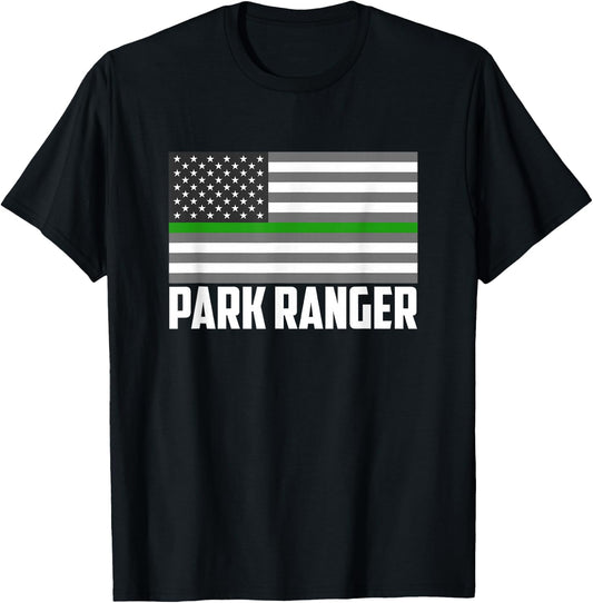 Park Ranger Green Line American Flag Wildlife Game Warden T-Shirt - T-Shirt | Black