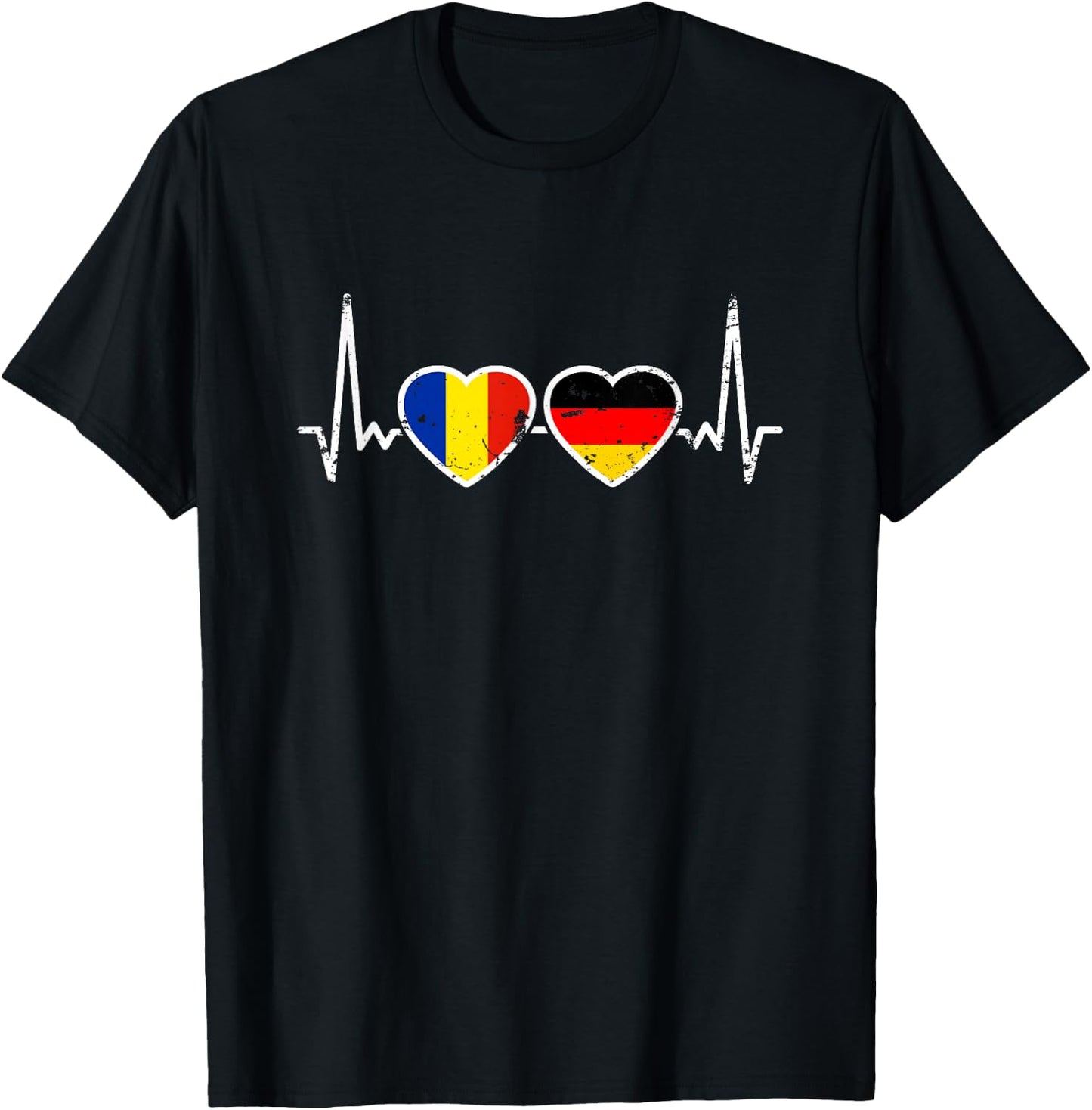 Romania Germany Vintage Heartbeat Flag Romanian , black T-Shirt - T-Shirt | Black