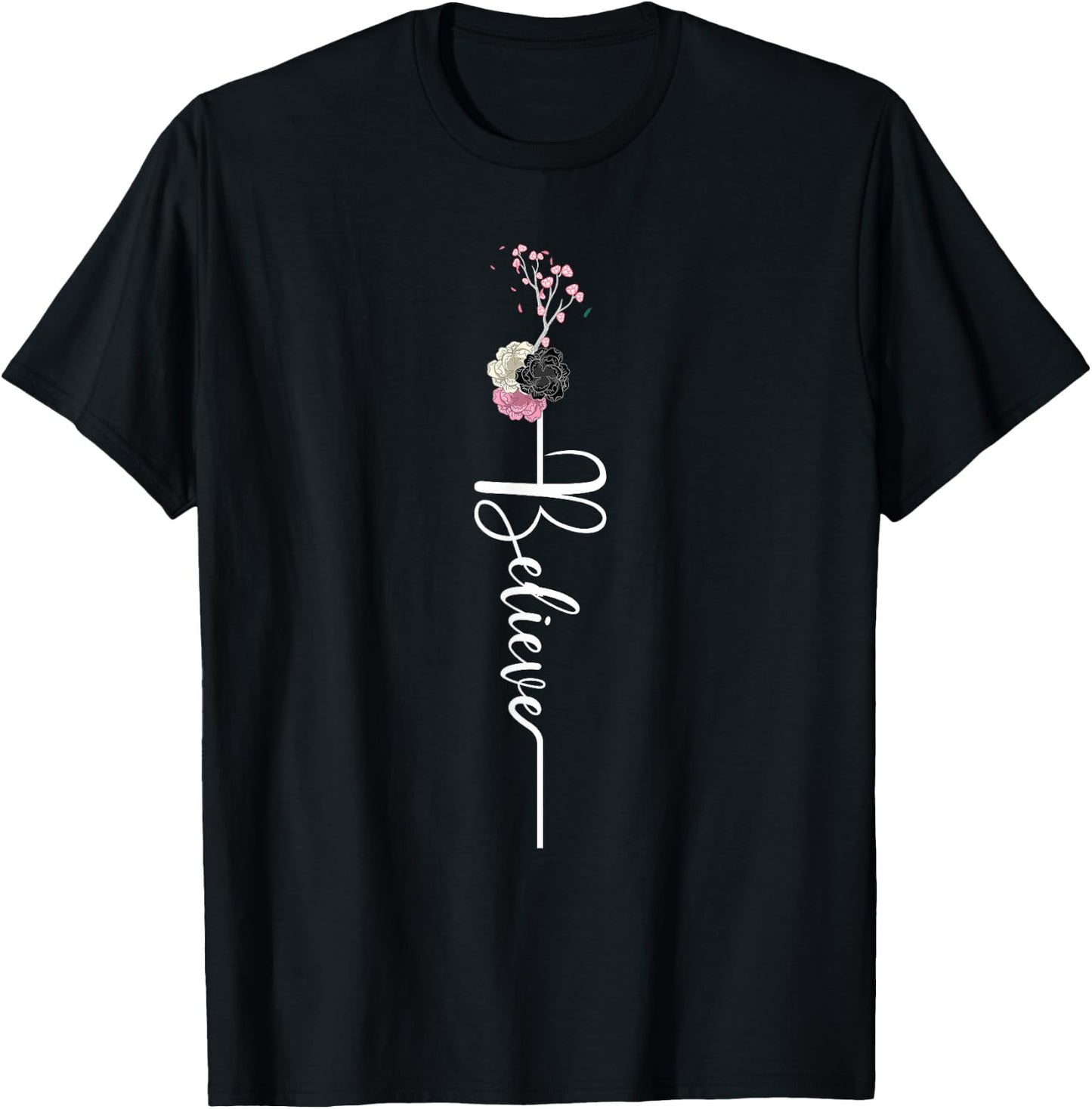 Believe Cross Flower Religious Christian Girls Women Gift T-Shirt - T-Shirt | Black