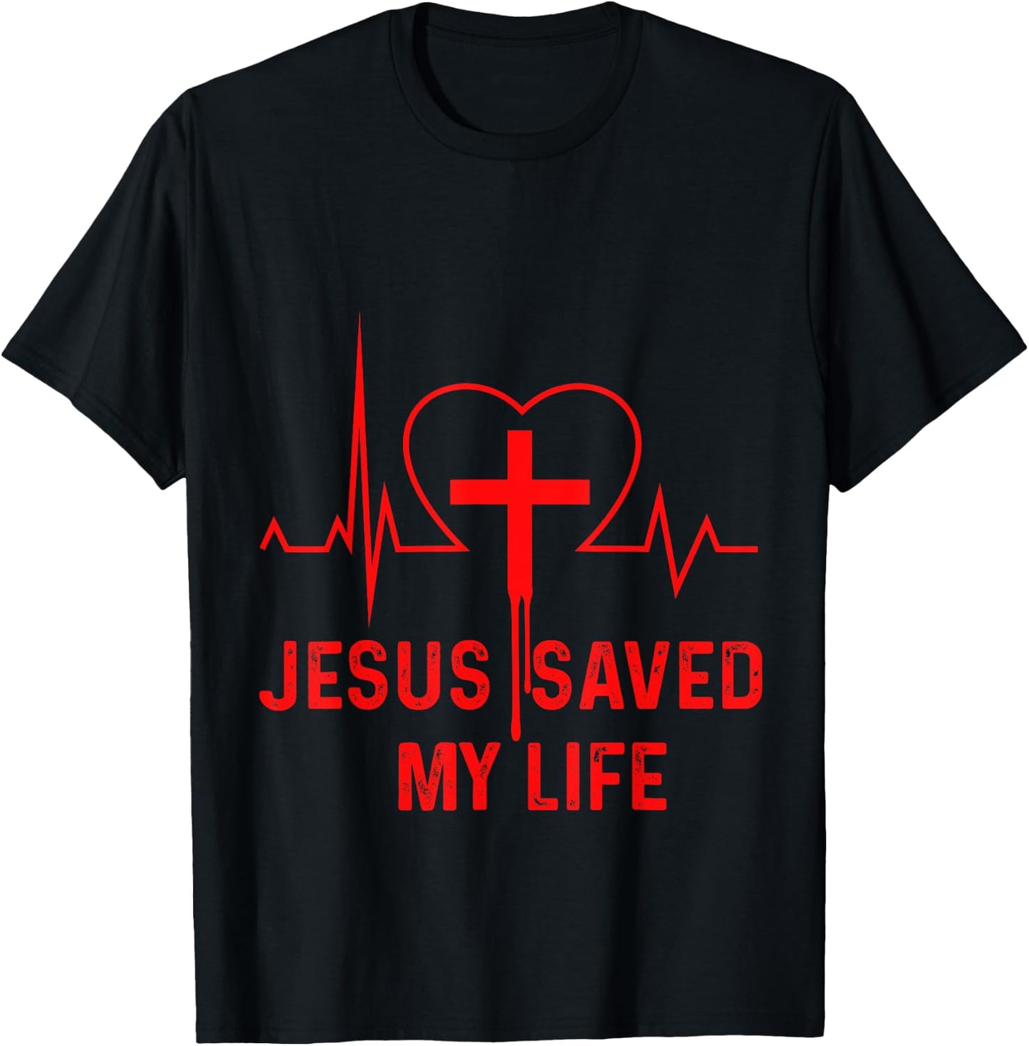 Jesus Saved My Life Heartbeat Cross Crucifix Religion Church T-Shirt - T-Shirt | Black