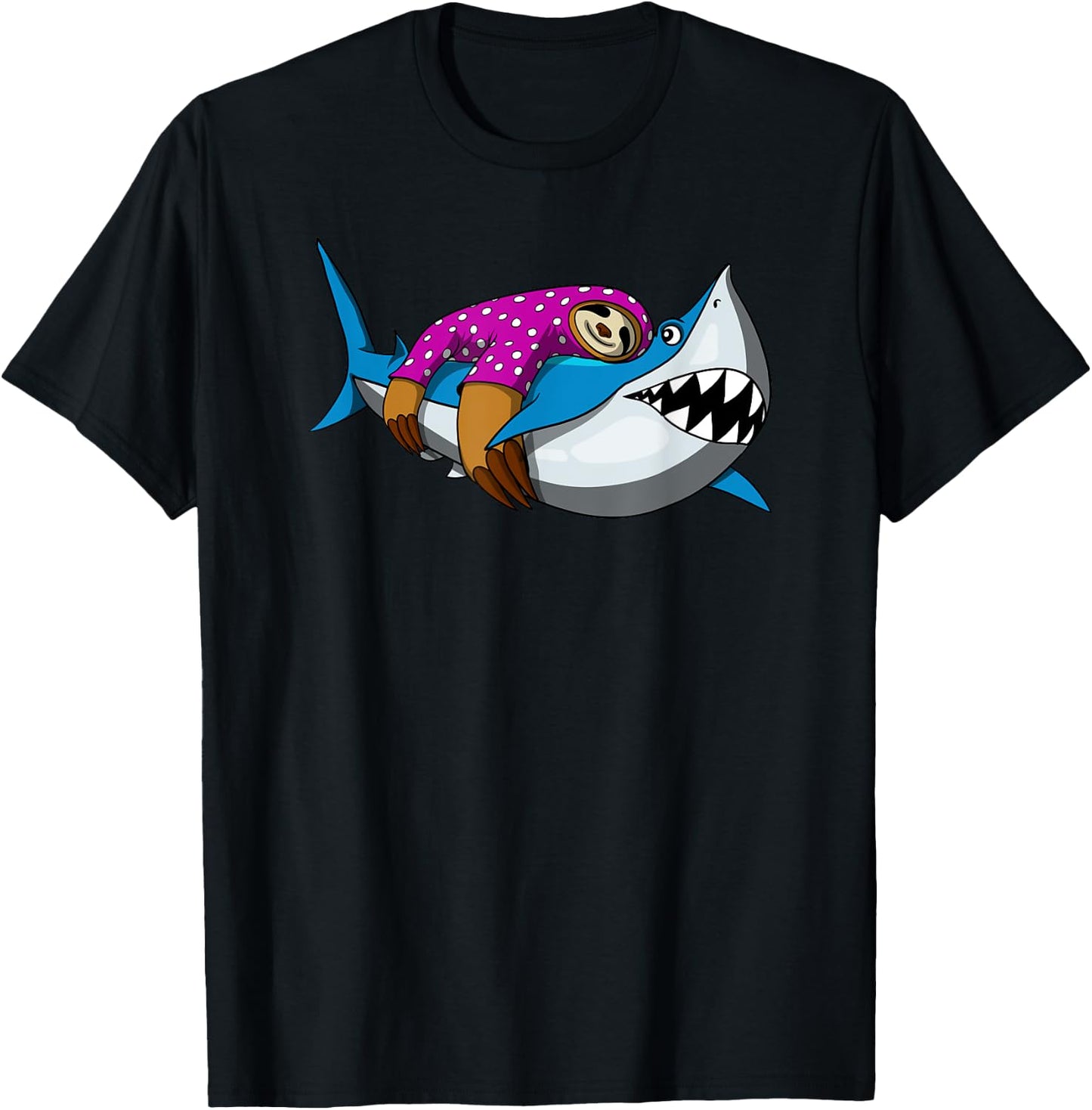 Lazy Sloth With Pajama Riding Ocean Shark T-Shirt - T-Shirt | Black