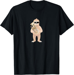 Funny Sloth Wearing Sunglasses Playing Euphonium T-Shirt - T-Shirt | Black