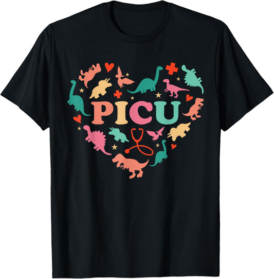 PICU Pediatric Nurse Heart Cute Dinosaur Physical Peds Squad T-Shirt - T-Shirt | Black