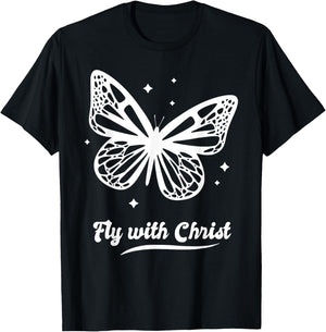 Fly with Christ Butterfly Butterflies Stars 90s Retro T-Shirt - T-Shirt | Black