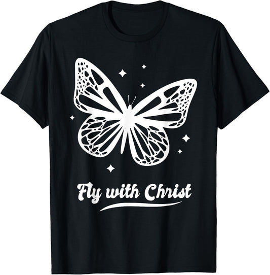 Fly with Christ Butterfly Butterflies Stars 90s Retro T-Shirt - T-Shirt | Black