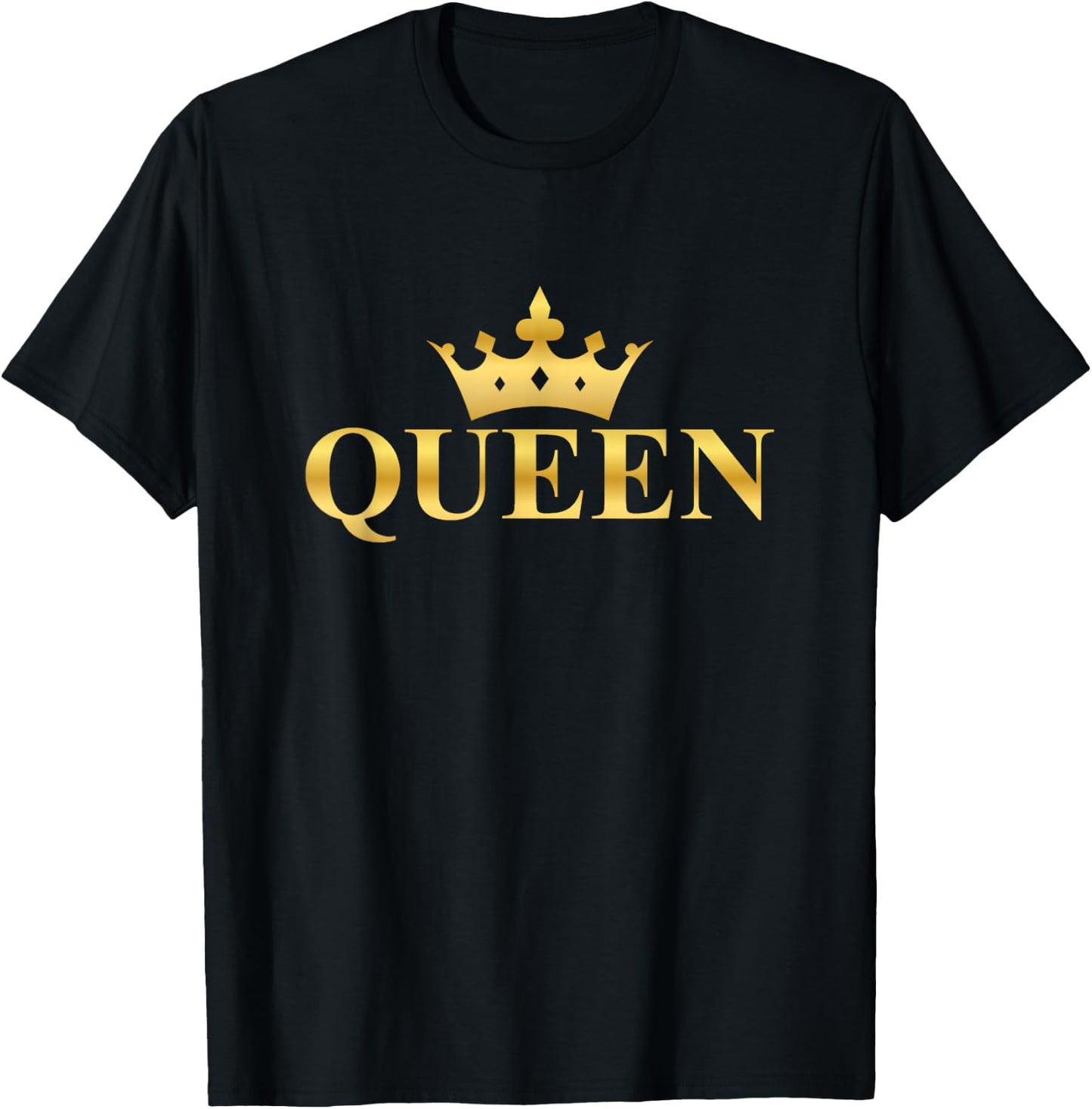 Gold Queen Text Design with Crown T-Shirt - T-Shirt | Black