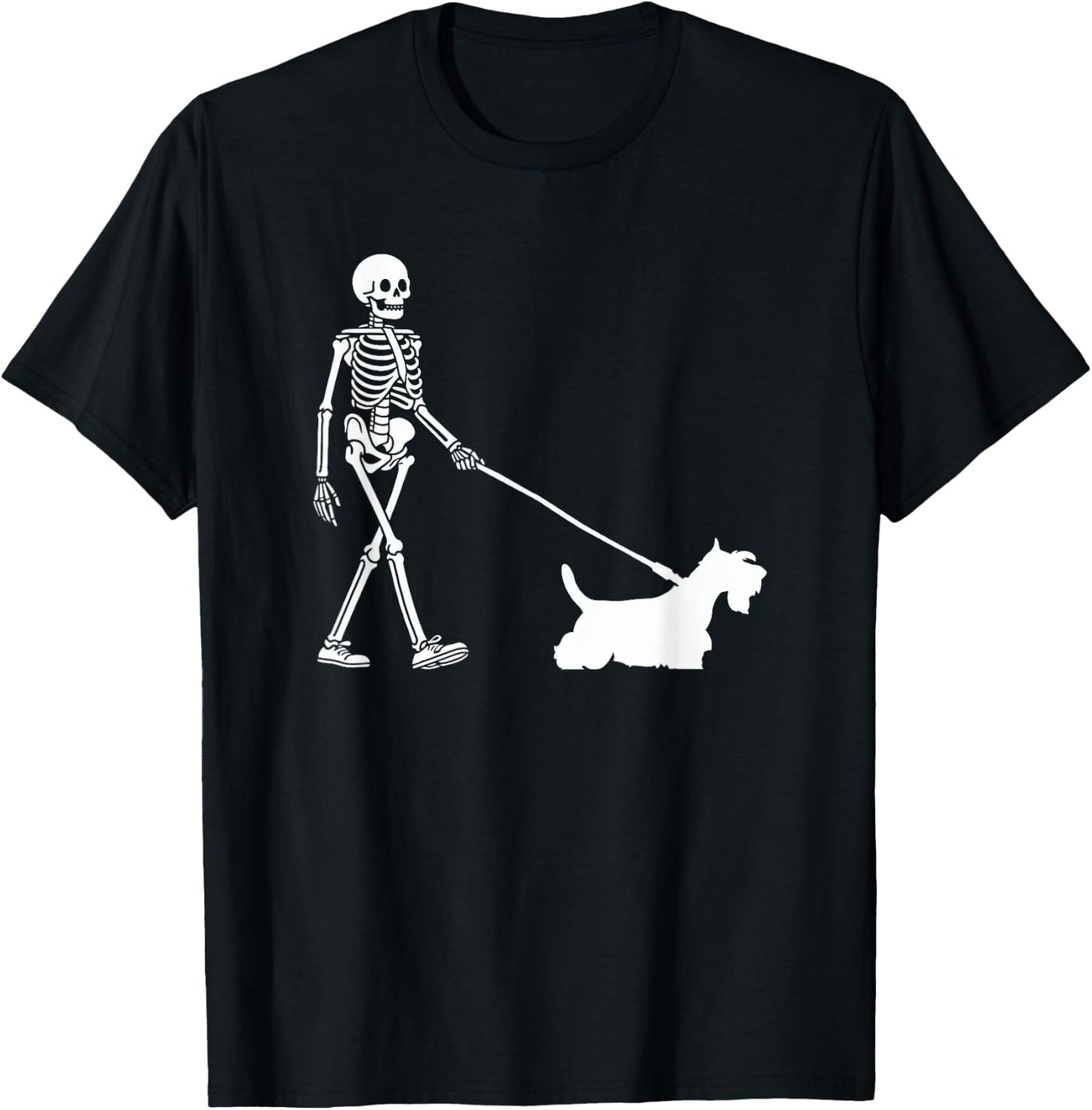 Skeleton Walking a Dog Scottish Terrier Halloween Outfit T-Shirt - T-Shirt | Black
