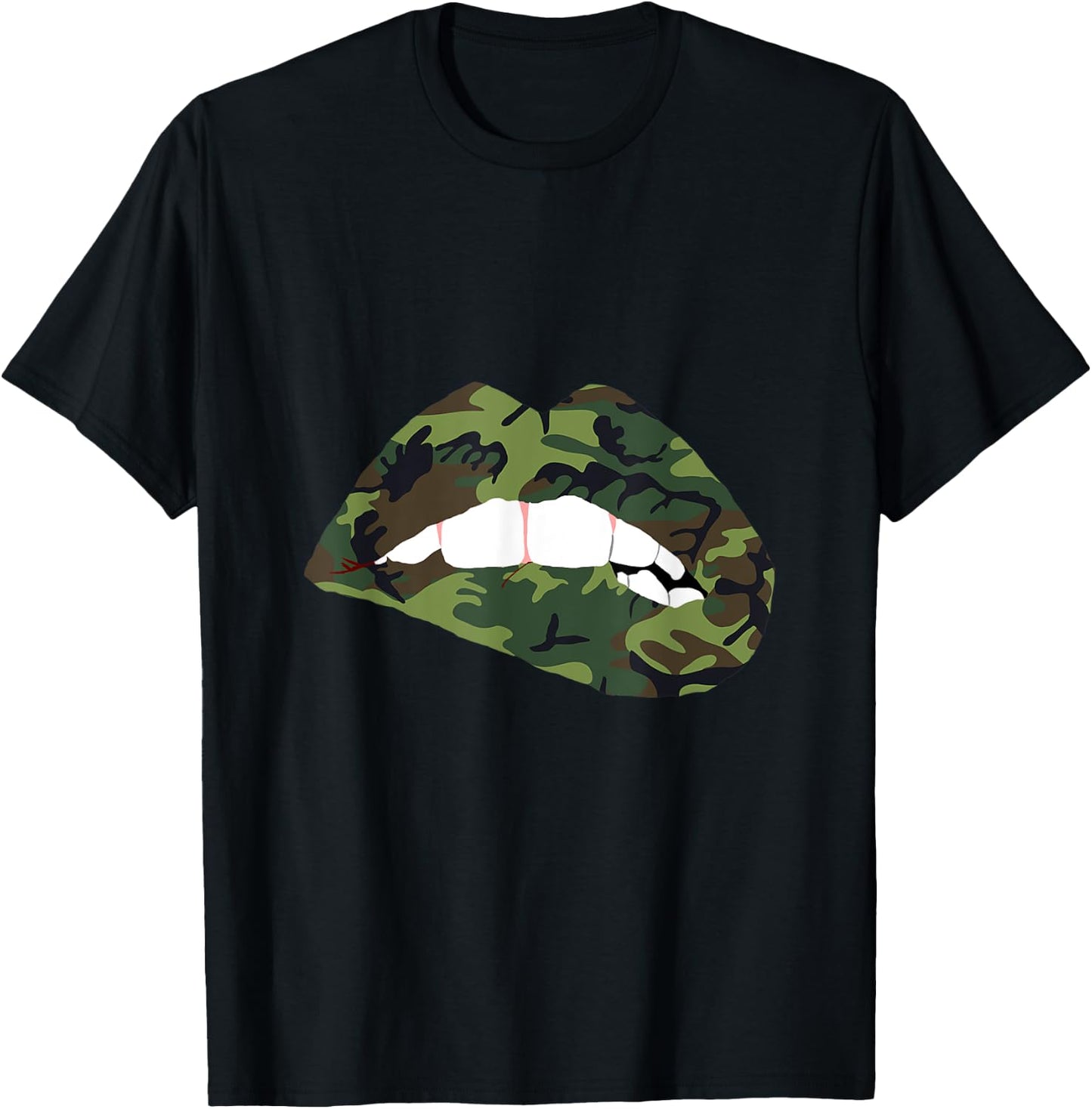 Camouflage Lips Mouth Military Kiss Me Biting Camo Kissing T-Shirt - T-Shirt | Black