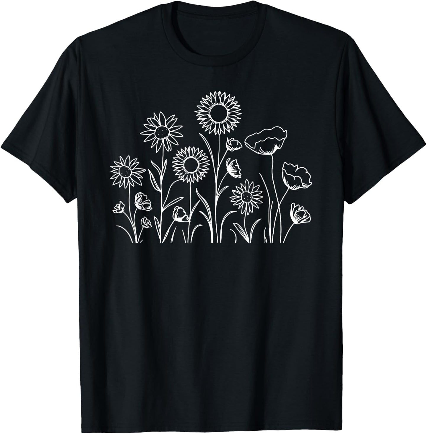 Simple Sunflower Row Line Drawing - White Print T-Shirt - T-Shirt | Black