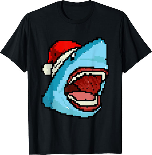 Shark Pixelated Christmas - Funny Shark Xmas T-Shirt - T-Shirt | Black