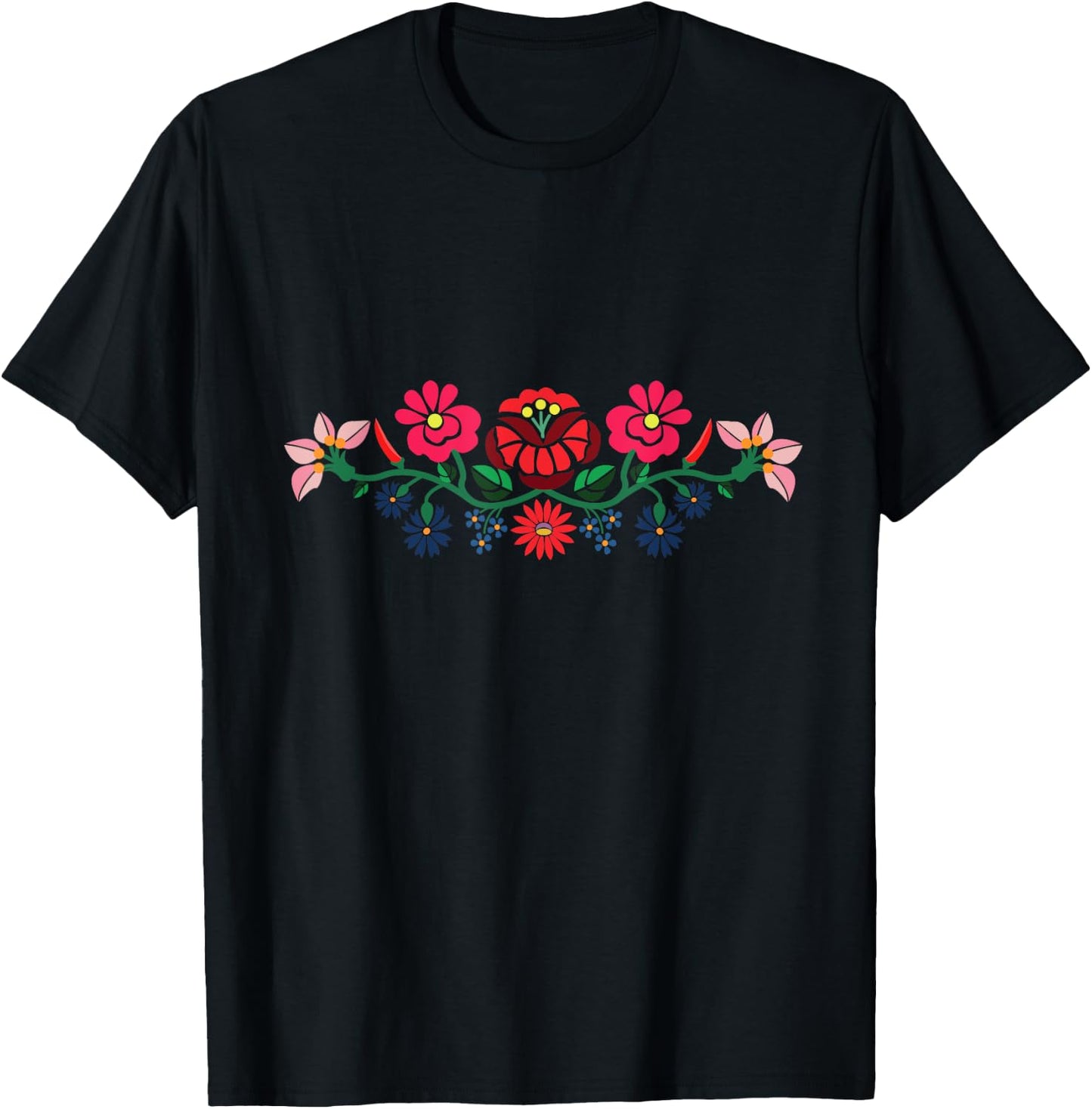 Handcraftline Adult Black Floral Kalocsai Folk Art Embroidery Design T-Shirt - T-Shirt | Black